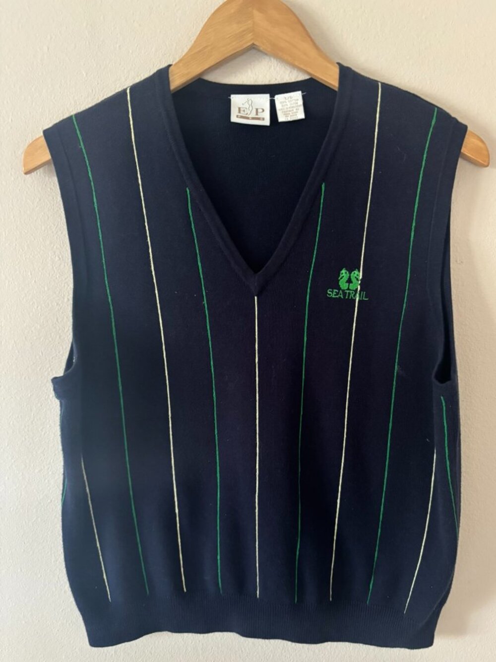 EP Pro 100% Cotton Navy Striped Knit V-Neck Vest Sea Trails Women's Large